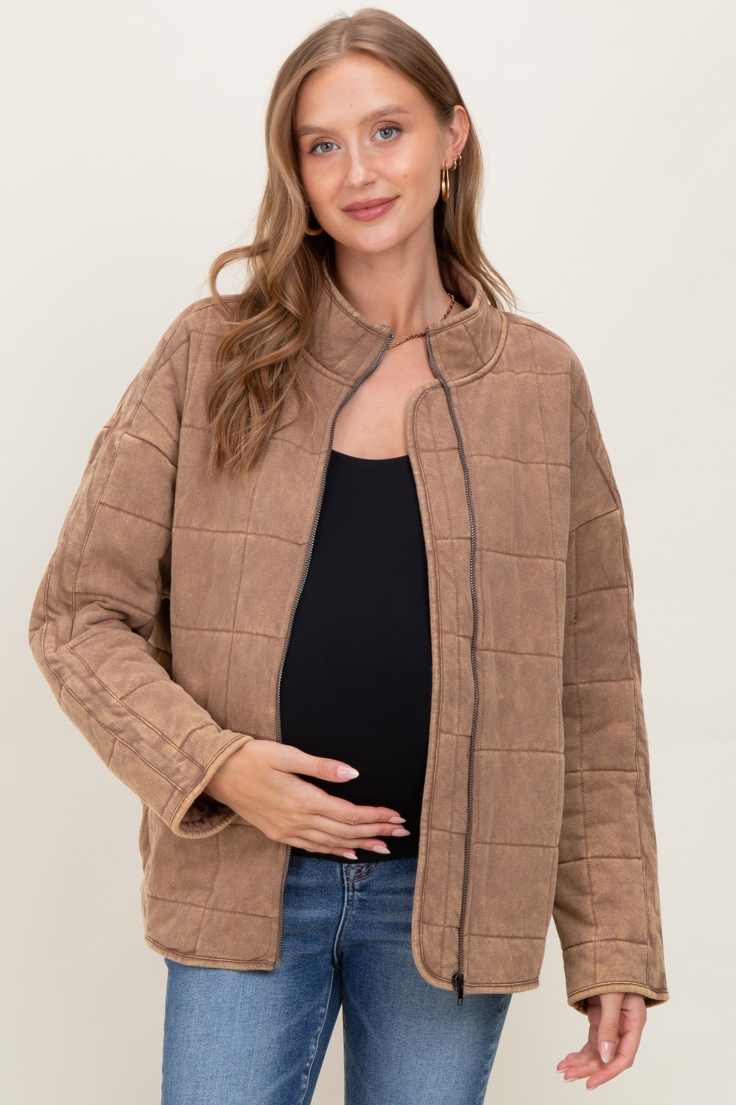 Mocha Quilted Oversized Maternity Jacket.