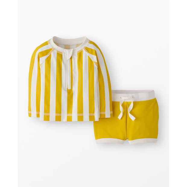 Striped Rashguard & Swim Trunks Set.