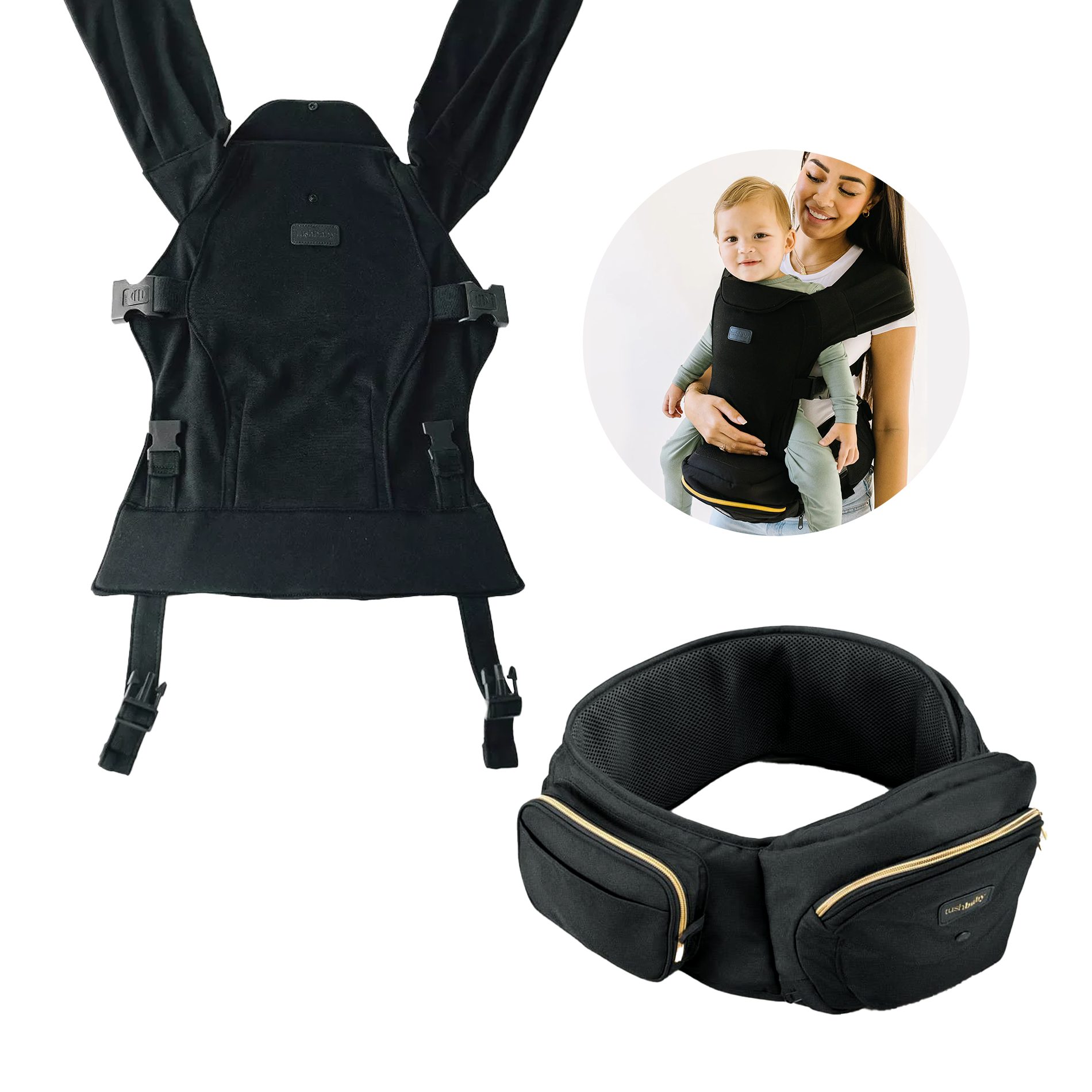 Tushbaby Hip Seat and Snug Carrier 2-in-1 Bundle - Black/Gold, Black Snug Carrier.
