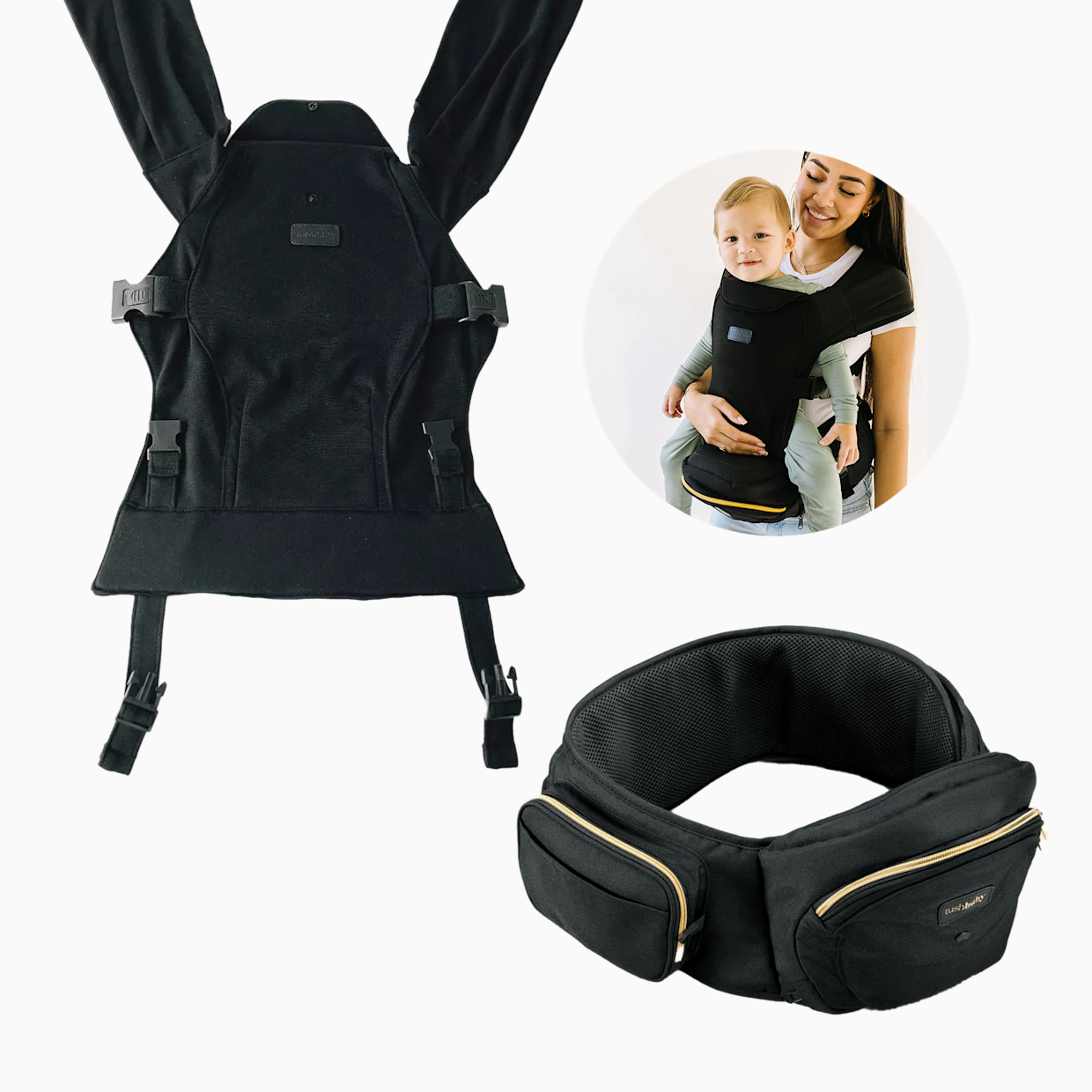 Tushbaby Hip Seat and Snug Carrier 2-in-1 Bundle - Black/Gold, Black Snug Carrier.