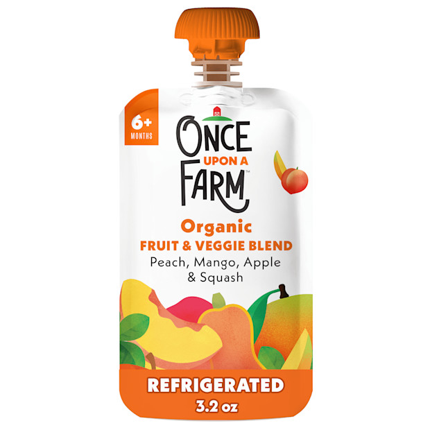 Once Upon a Farm Organic Fruit Veggie Blend Peach Mango Apple Squash with Basil, 3.2oz Pouch.
