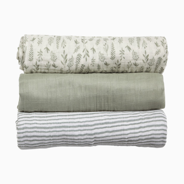 Tiny Kind Organic Muslin Swaddle (3 Pack) - Sage Multi Leaf.