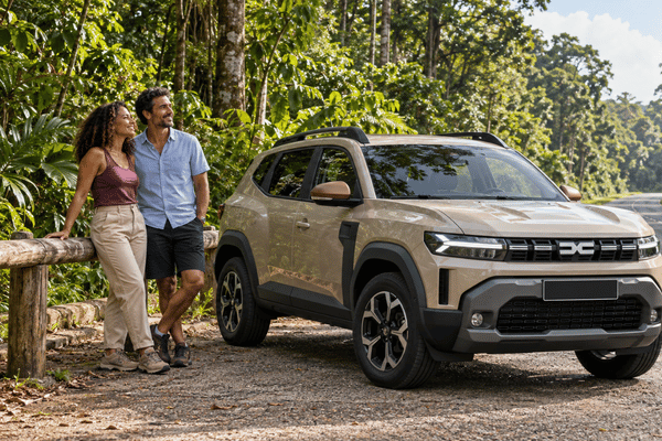 couple en guyane bord de route dacia duster beige