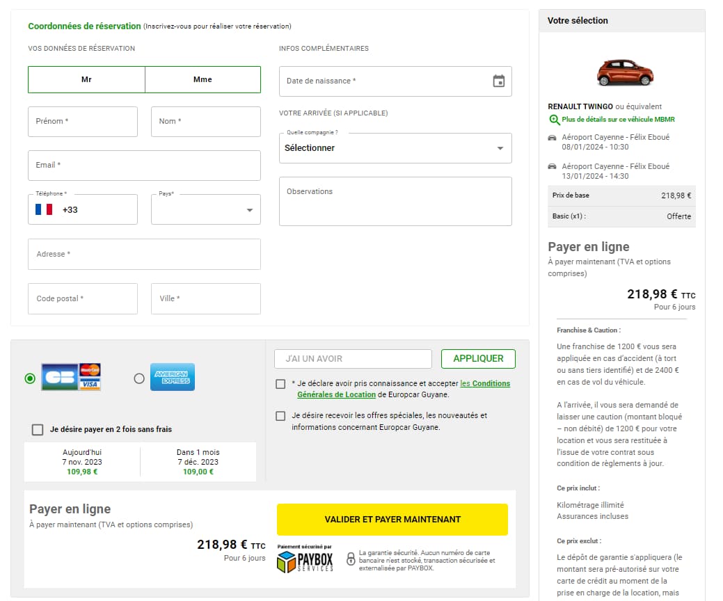 Location de voiture, paiement en plusieurs fois Europcar Guyane