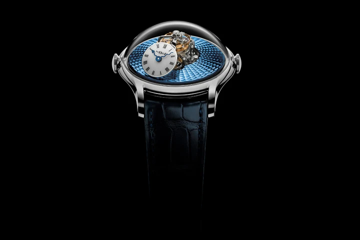 MB&F Legacy Machine FlyingTand platinum 950 case with sky-blue guilloché dial (Day)