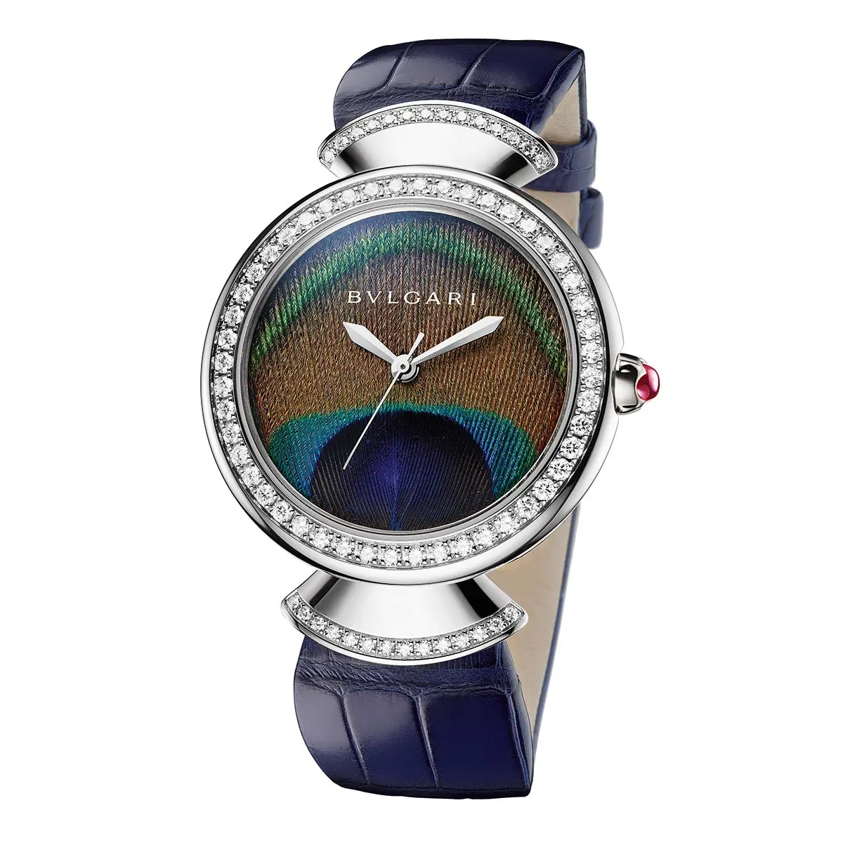 Bvlgari Divas’ Dream with a deep blue lapis lazuli dial and one adorned with a genuine peacock feather on its face 