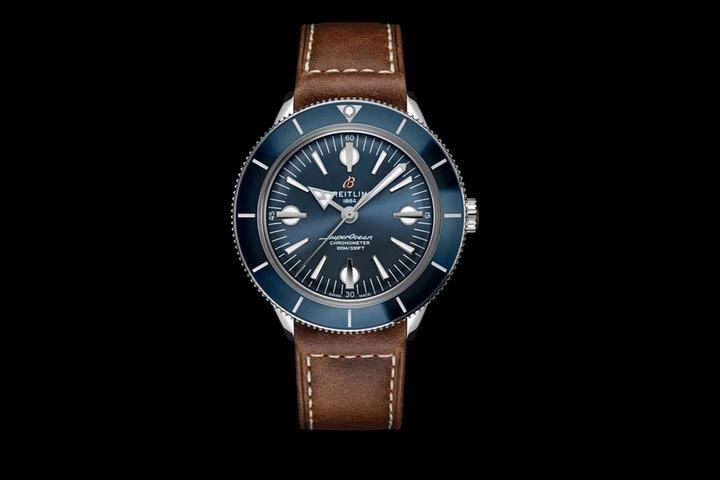   superocean heritage 57 limited edition with a blue dial and a brown vintage inspired leather strap 