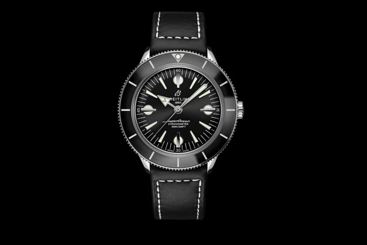  superocean heritage 57 limited edition with a black dial and a black vintage inspired leather strap