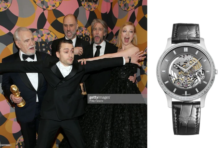 Kieran Culkin selected the “L.U.C XP Skeletec” timepiece featuring 1.50-carats of trapeze cut diamonds set with a case in 18k white gold.