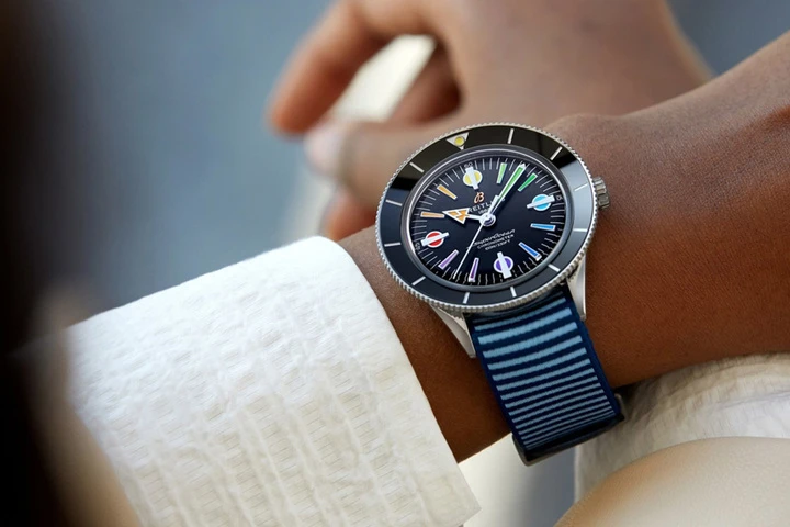 superocean heritage 57 limited edition with a light blue outerknown econyl yarn nato strap