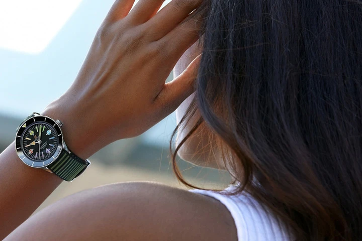 superocean heritage 57 limited edition with a green outerknown econyl yarn nato strap 