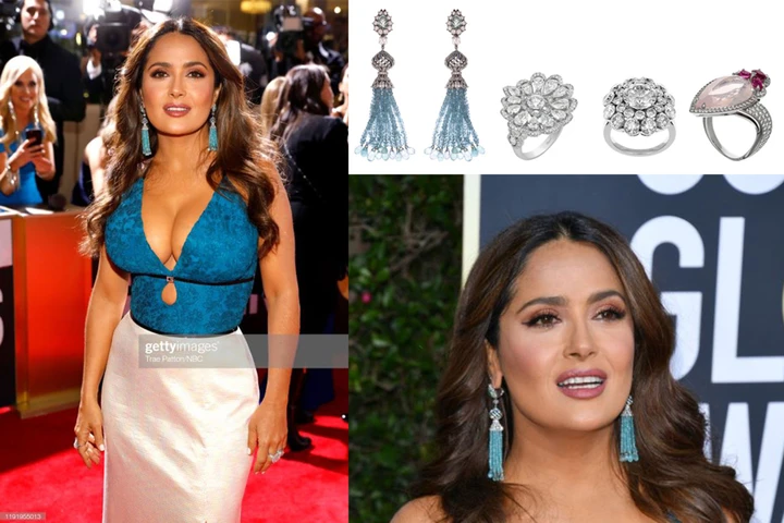 Salma Hayek selected earrings from the “Haute Joaillerie Collection” featuring 86.74-carats of apatite beads, 24.27-carats of paraiba tourmalines, 11.68-carats of diamonds and 1.41-carats of lazulites set in 18k white gold