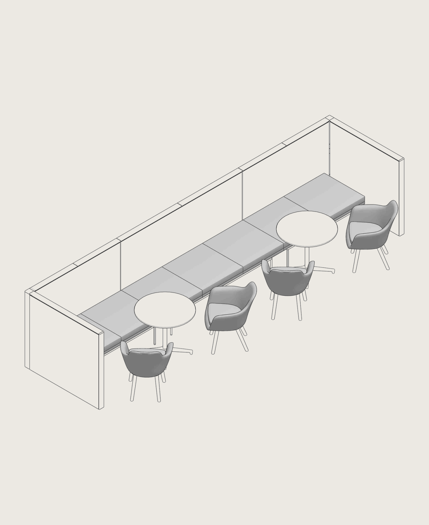 MillerKnoll Planning Ideas sketch with a Canvas Wall, Saiba Armchairs, Saiba Tables and a Tuxedo Component Bench in a community workplace setting.