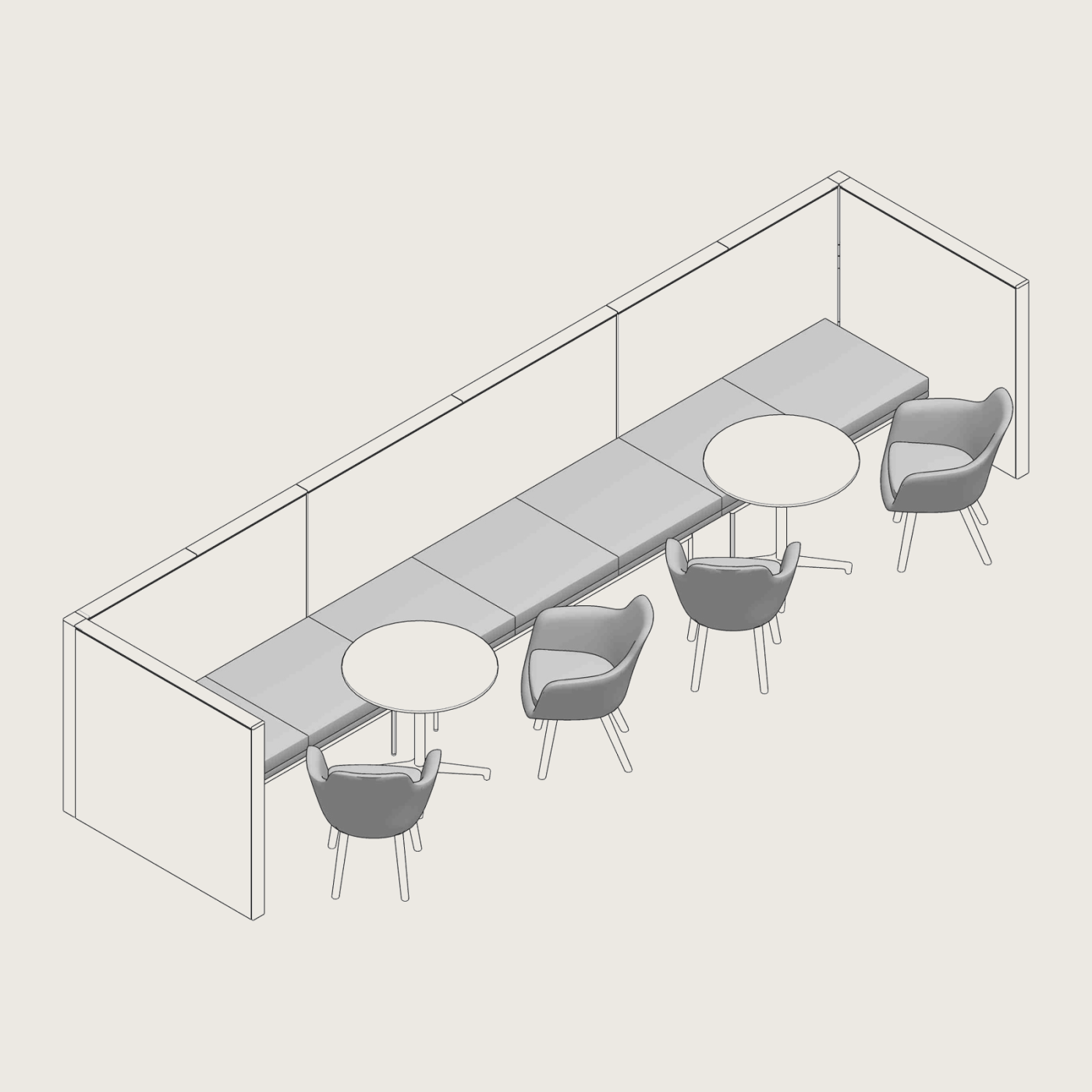 MillerKnoll Planning Ideas sketch with a Canvas Wall, Saiba Armchairs, Saiba Tables and a Tuxedo Component Bench in a community workplace setting.