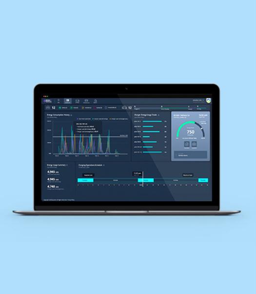 An image of the new OMEGA fleet management software. It is show on the screen of a laptop