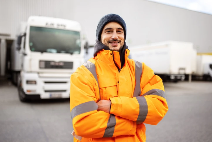Portrait of a male commercial docker standing outdoors with arms crossed. Shipping yard worker with truck in background.