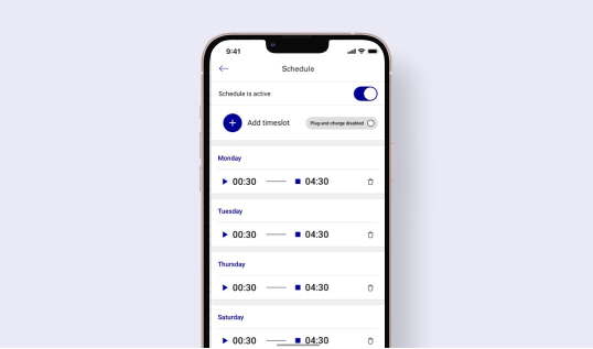 Fit charging around your life with our smart time-based remote scheduling. Create, manage and delete charging start and stop times.