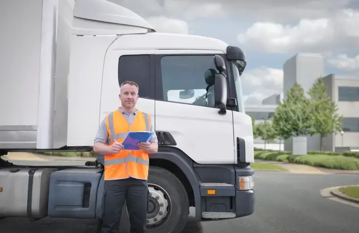 Portrait of truck driver standing by a truck whilst he's holding a clipboard