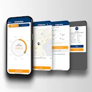 Abbildung eines Smartphones mit vier unterschiedlichen DB BahnPark-App-Inhalten