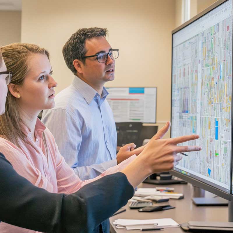 Menschen analysieren vor einem großem Bildschirm etwas für eine Konzeption