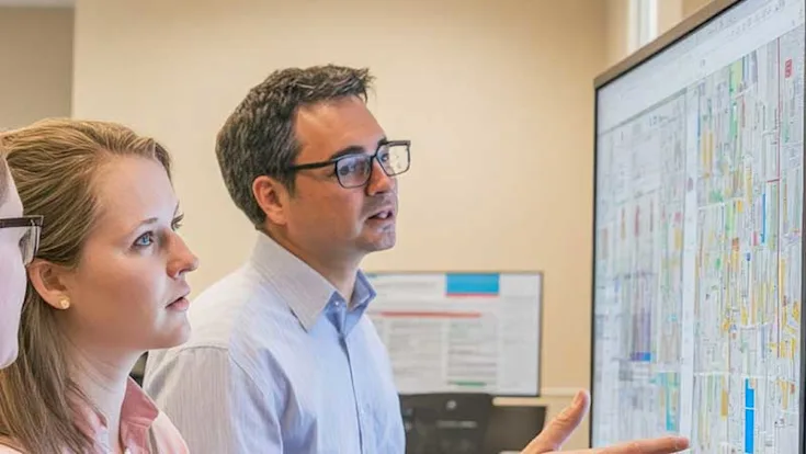 Menschen analysieren vor einem großem Bildschirm etwas für eine Konzeption