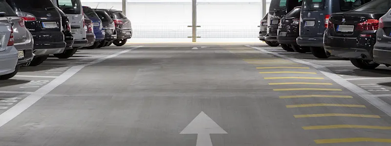 Blick auf zwei Reihen Autos entlang des Fahrwegs in einem Parkhaus