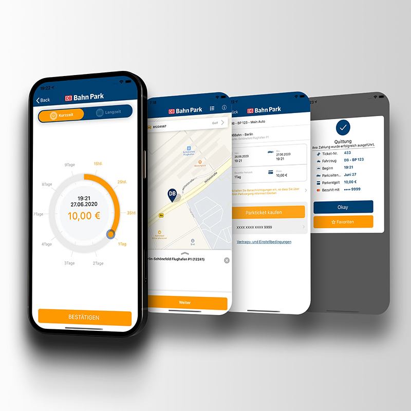 Abbildung eines Smartphones mit vier unterschiedlichen DB BahnPark-App-Inhalten