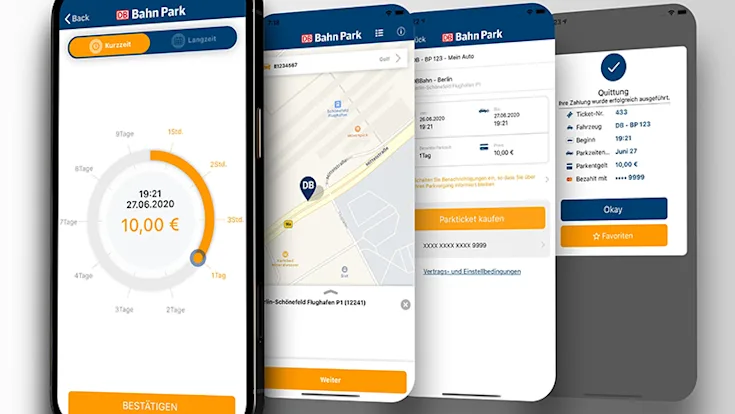 Abbildung eines Smartphones mit vier unterschiedlichen DB BahnPark-App-Inhalten