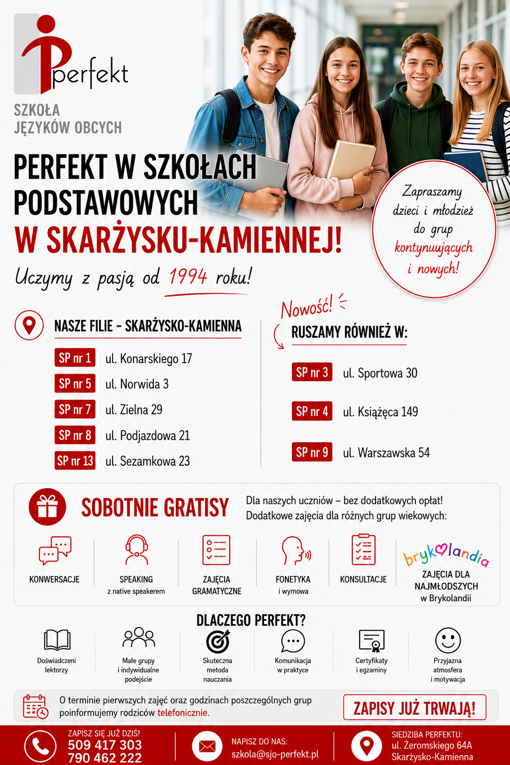 Ulotka Szkoły Perfekt: uśmiechnięci nastolatkowie z książkami i szkoły podstawowe w Skarżysku-Kamiennej, w których uczymy – dotychczas SP nr 1, 5, 7, 8 i 13, od tego roku także SP nr 3, 4 i 9.