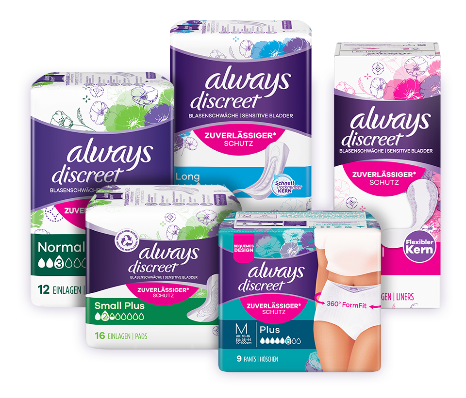 Vier Packungen Always Discreet Inkontinenzprodukte