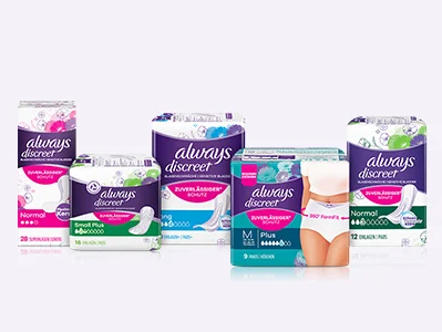Inkontinenzprodukte Always Discreet Slipeinlagen, Einlagen, Einlagen+, Höschen, Höschen Boutique