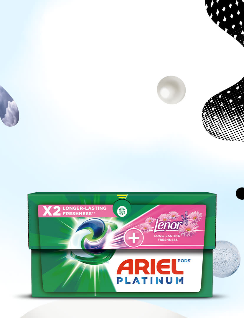 Ariel Platinum PODS® + Touch of Lenor that lasts twice as long.