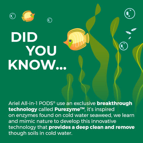 Enzymes used in Ariel All-in-1 PODs are inspired by those found on cold water seaweed, mimicking the cleaning power of nature