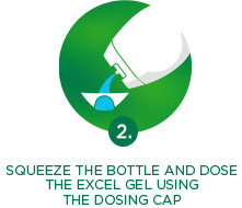 Squeeze the bottle and dose the excel gel using the dosing cap