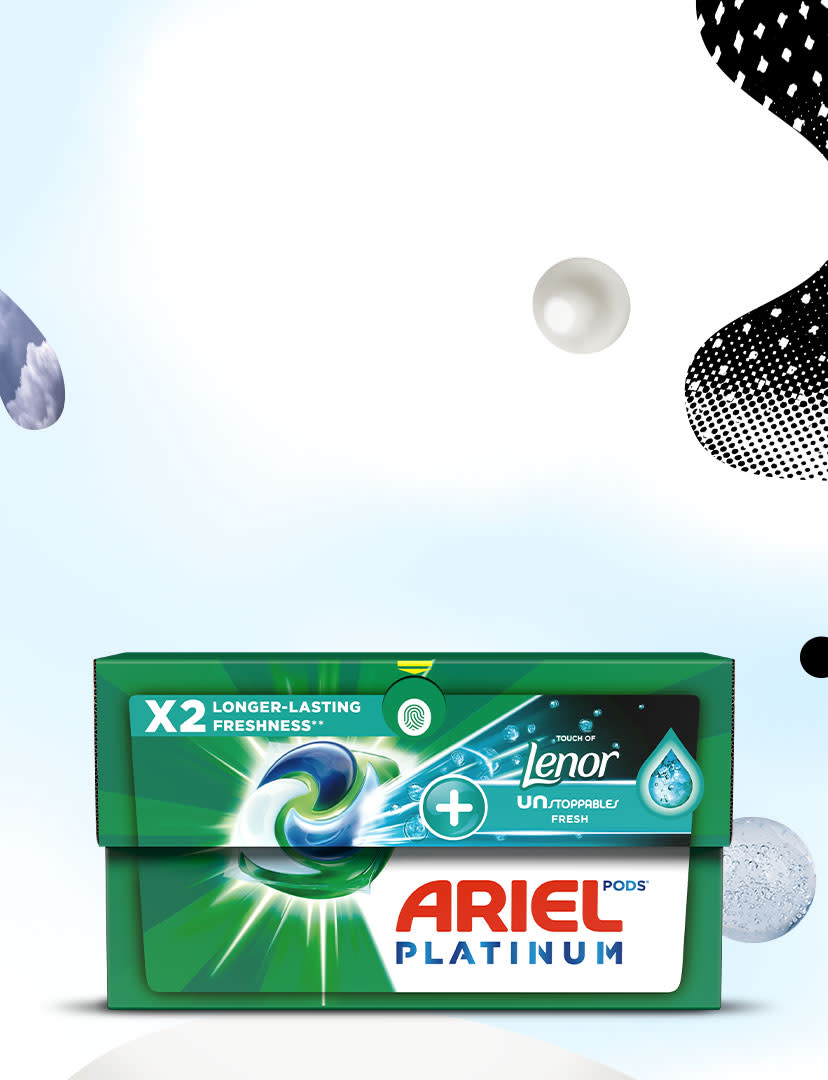Ariel Platinum PODS® + Touch of Lenor Unstoppables that lasts twice as long.