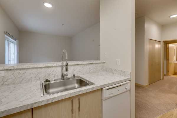 Kitchen sink and updated countertop at Guinevere Apartments