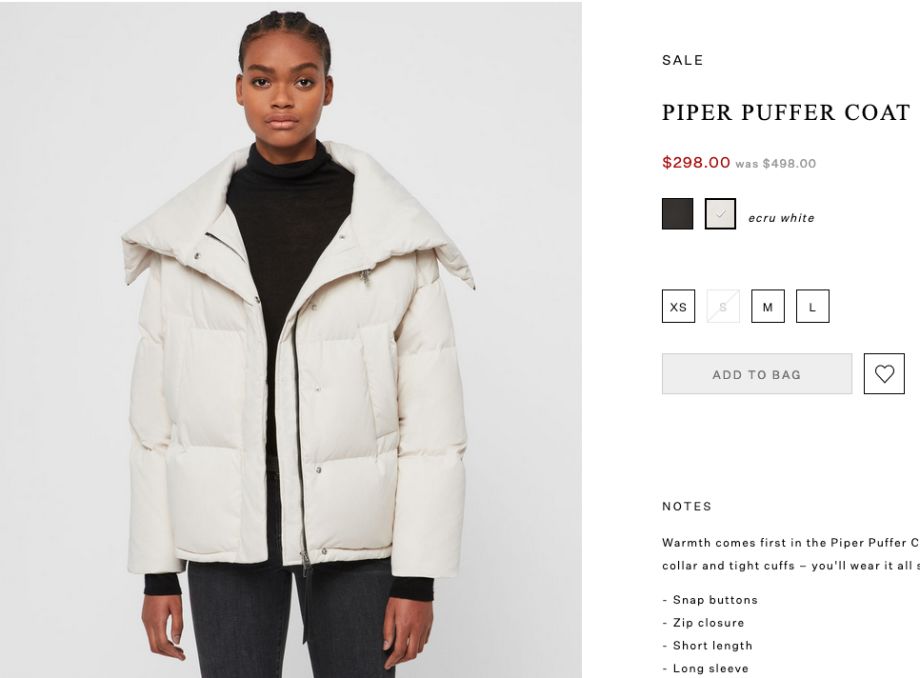 Allsaints Piper puffer coat white