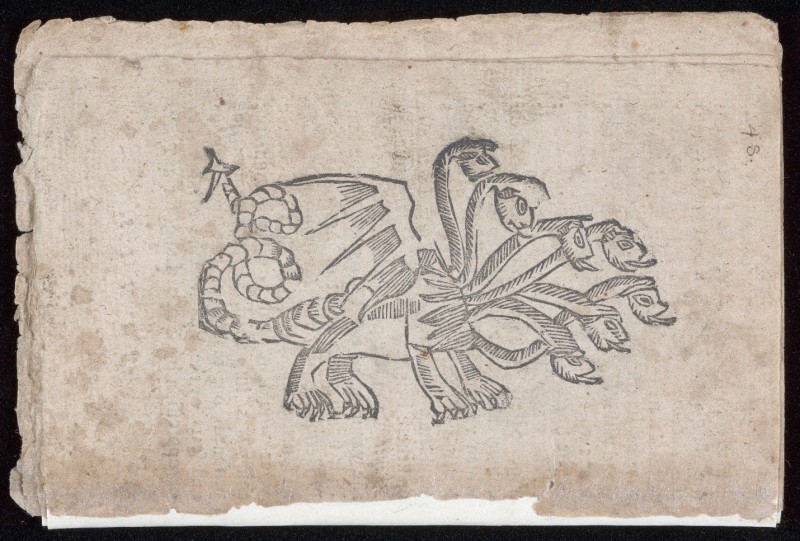 Woodcut of a seven-headed dragon