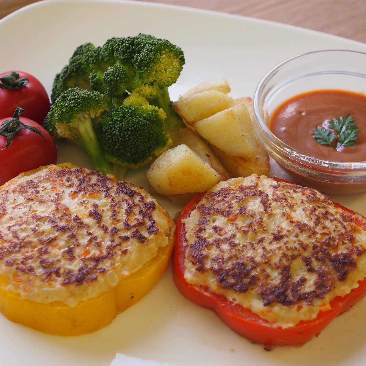 日清オイリオ　パプリカのフラワーハンバーグ