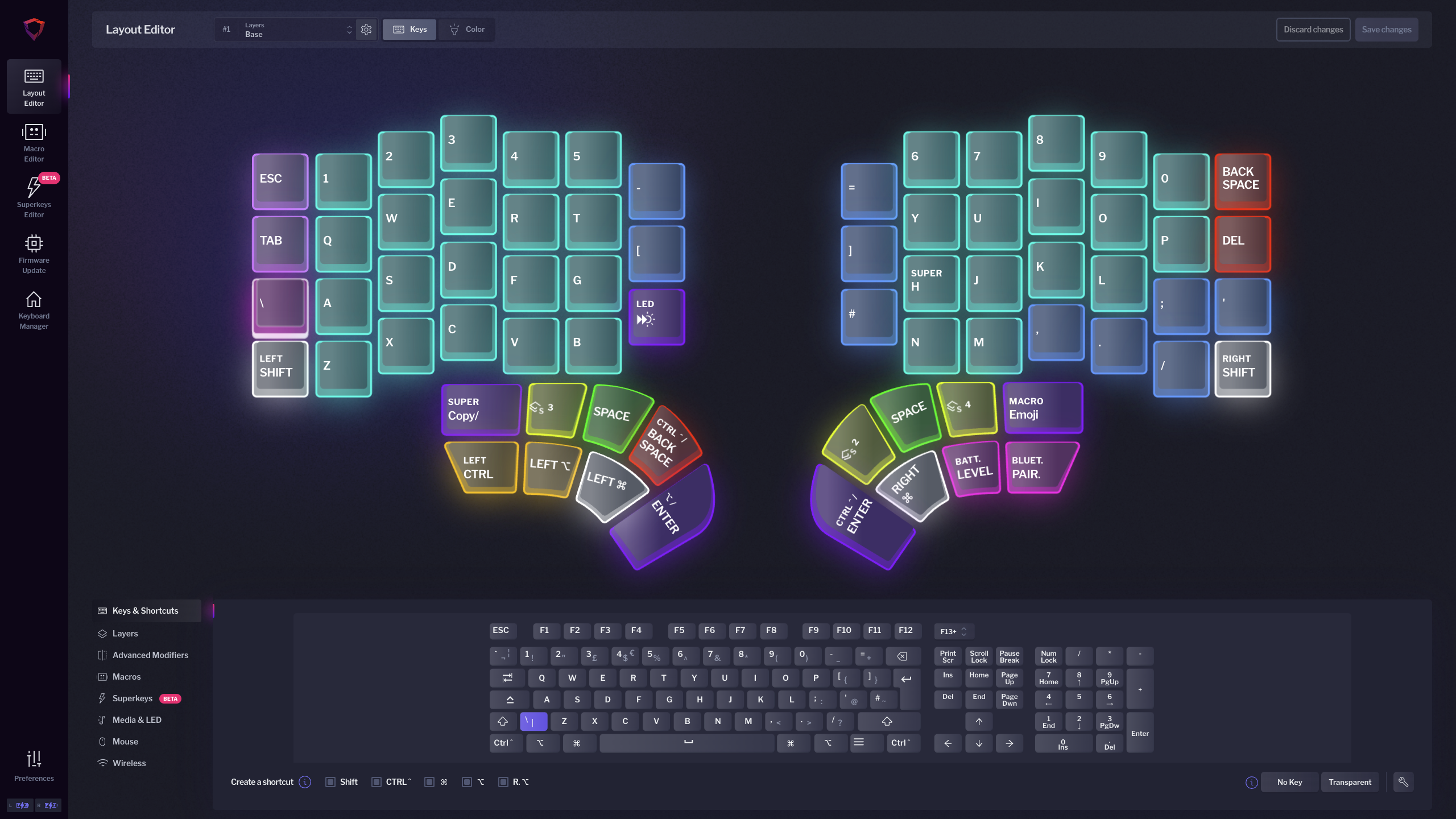 The base layer I configured for my Dygma defy. Details are described below.