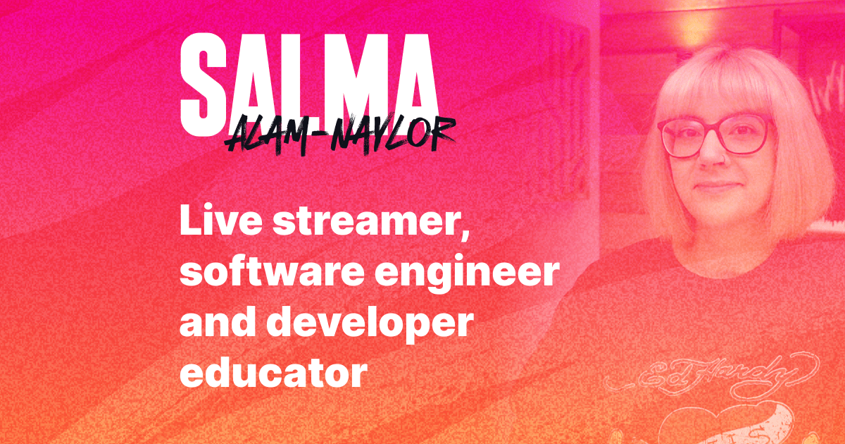 My open graph image for my website home page. It shows my name logo, and the title live streamer, software engineer and developer educator in white text over a pink and orange grungy background, with a faded headshot of me in the background.