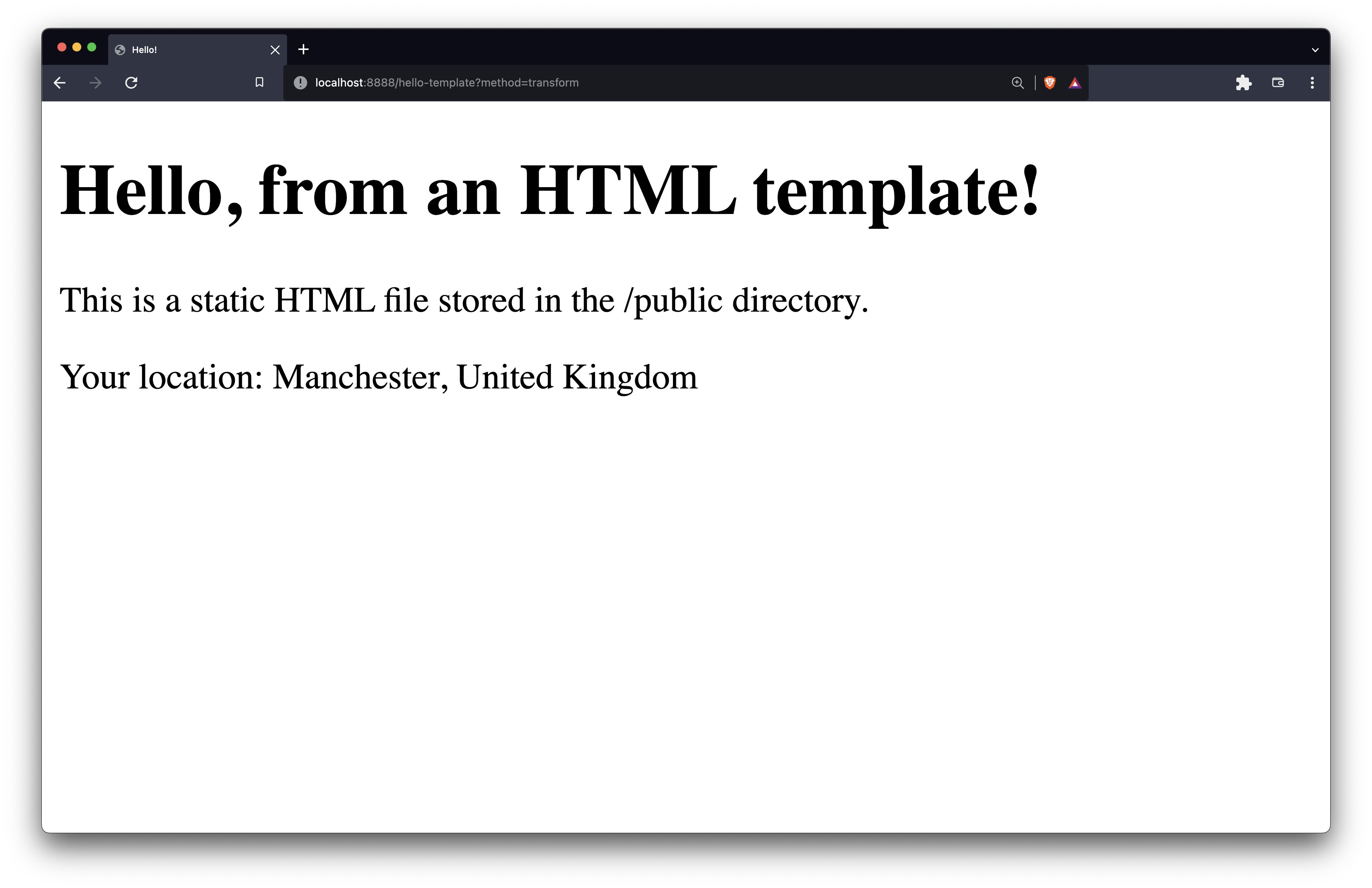 A screenshot of the finished result in the browser, where the placeholder template has been updated with Manchester, United Kingdom