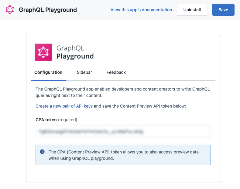 Screenshot showing how to install GraphQL playground app in Contentful.