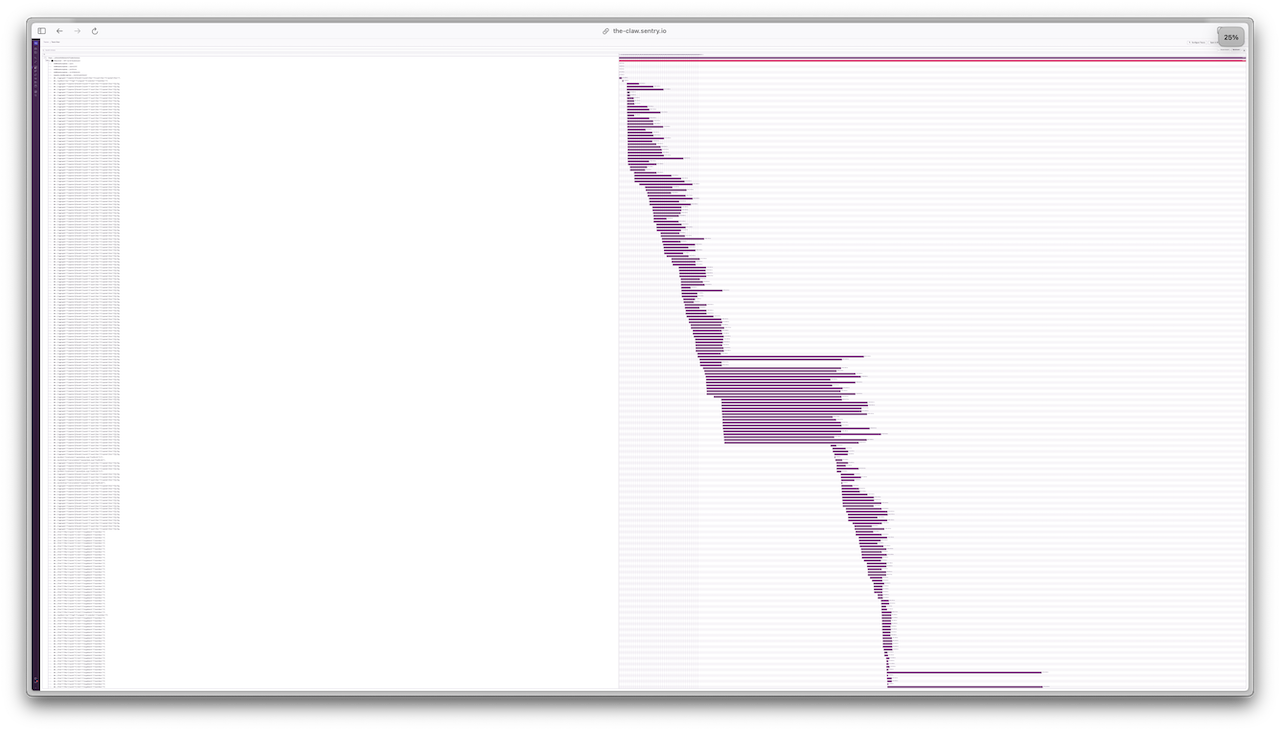 A maximum zoomed out web page showing a single trace view in Sentry of purple bars representing spans, or events. There are literally hundreds of requests made to a database, all cascading in a waterfall shape. This is a bad request waterfall.