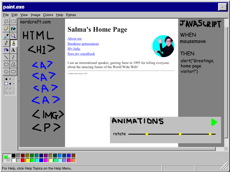 A mockup of Nordcraft.com in paint showing the HTML panel, the JavaScript panel and an animations panel.