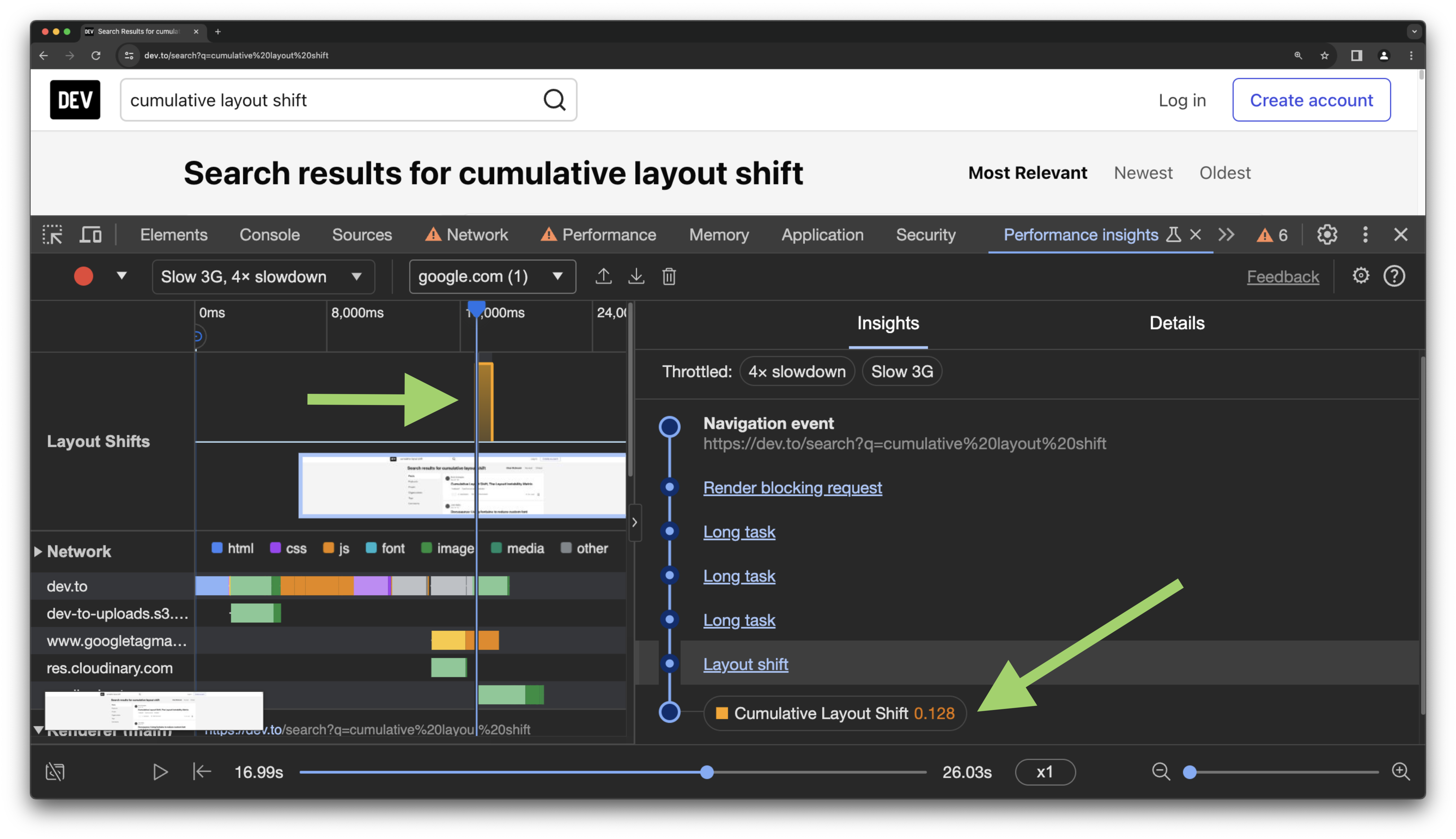 A performance profile has been recorded using the new experimental performance insights tool. A green arrow is pointing to the bottom of a timeline, which shoes a cumulative layout shift event. It is coloured orange, indicating it needs improvement.