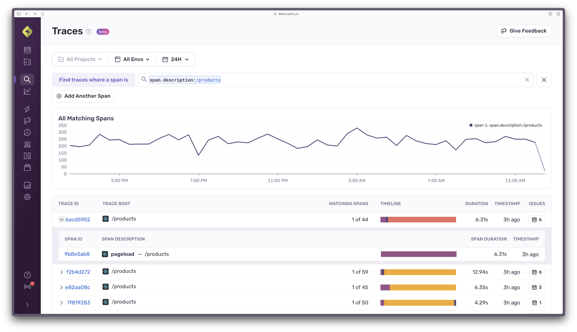The trace explorer in Sentry which currently has a beta label shown next to the title of the page. This is a list of traces captured by Sentry where you can filter by span information. There’s a graph visualising matching spans for the query under the search box, and al list of traces below which you can click on to view in the trace view.