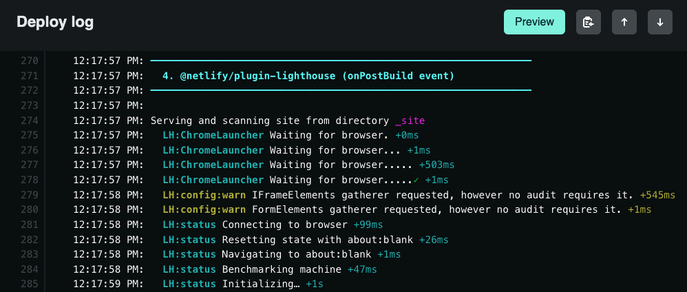 The deploy logs, showing the plugin-lighthouse task starting.