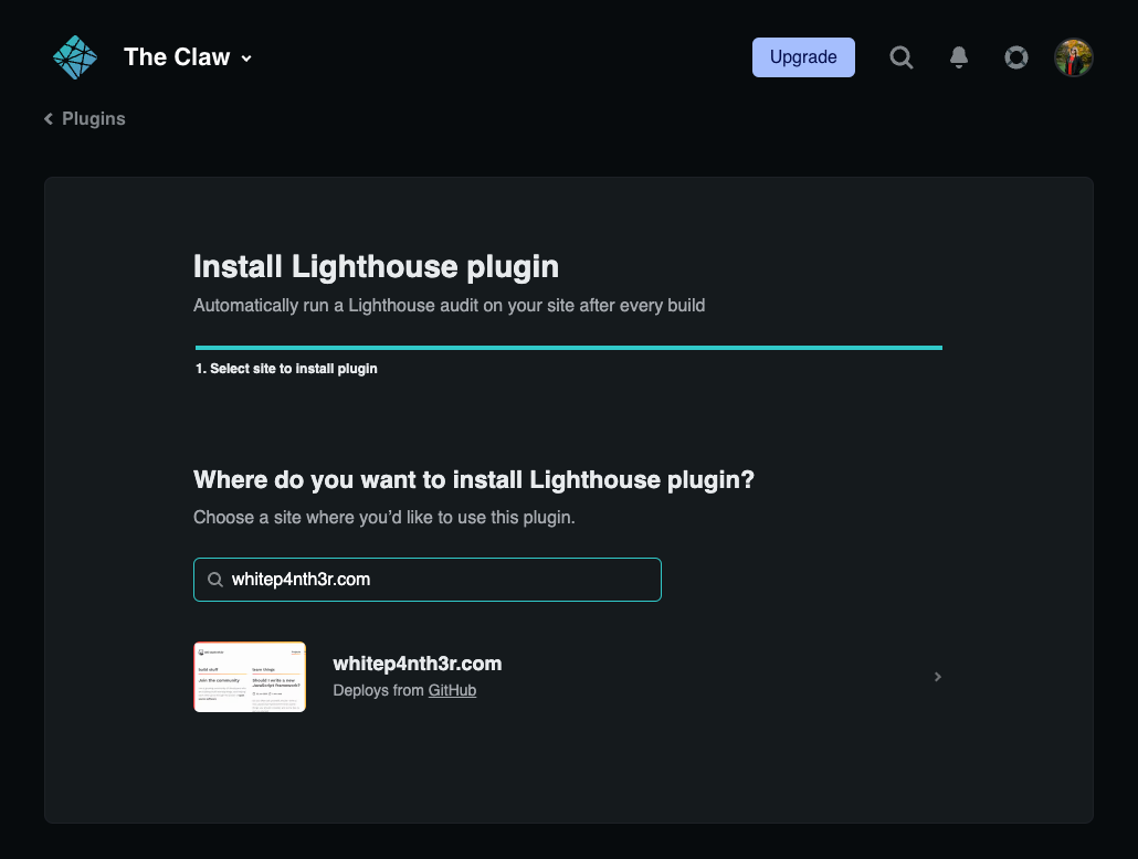 Install Lighthouse Plugin page. I have searched for whitep4nth3r.com in the search box, and the site is showing in the search results, with an onward action arrow to the right of the result.