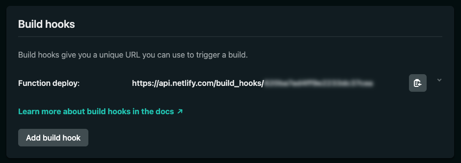 A screenshot showing the new build hook has been added.